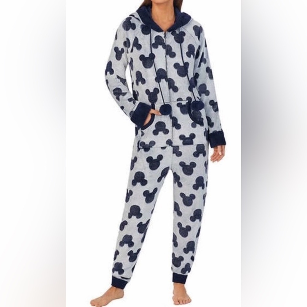 Disney Mickey Mouse Gray Fleece Onesie Pajamas Women’s Medium Cozy Lounge
